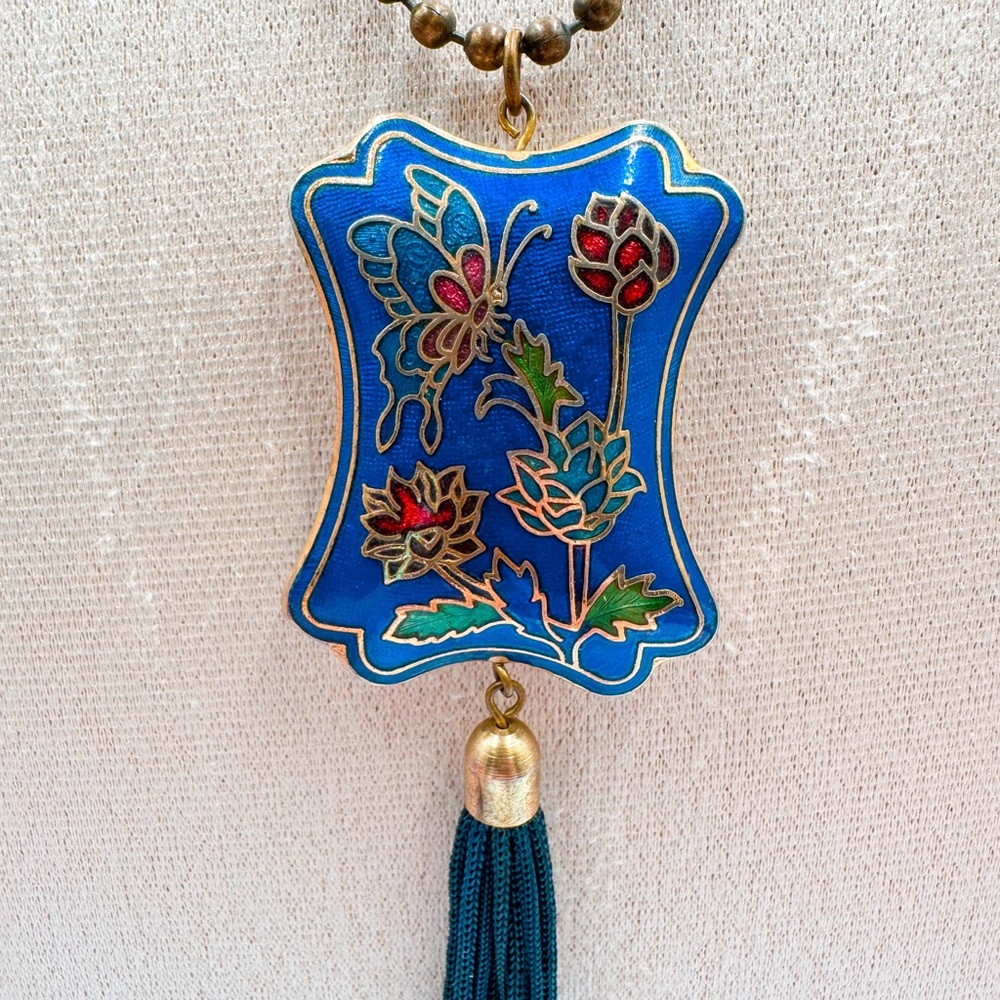 Vintage Cloisonné Butterfly and Flowers Tassle Necklace